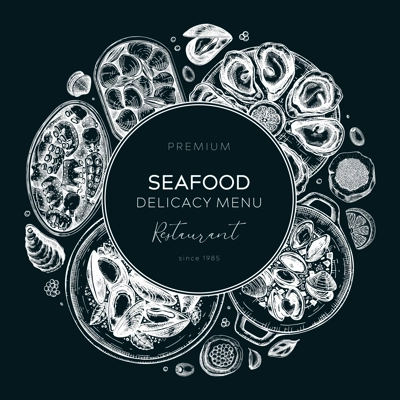 Seafood restaurant banner design. Hand drawn tinned fish and cooked shellfish illustrations - mussels, oysters, shrimps, caviar, clams, squids in sketch style. Vector wreath template on chalkboard